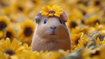 A guinea in a field of sunflowers with a flower on its head photo