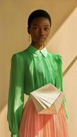 A woman in a green shirt and pink skirt holding a white envelope photo