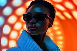 A woman in sunglasses and a white coat photo