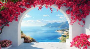 A beautiful archway with pink flowers and a view of the ocean photo