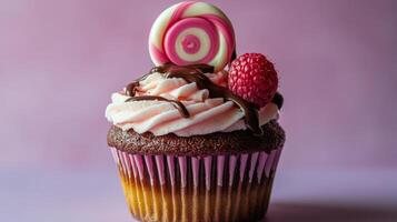 A cupcake with chocolate frosting and raspberries photo