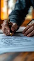 A person is writing on a piece of paper with a pen photo