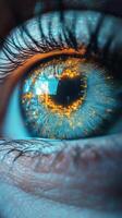 A close up of a person's eye with a glowing yellow iris photo