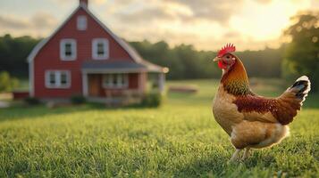 A chicken is standing in front of a red house photo