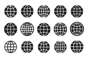 Globe set, grid patterns, flat earth symbols, world, or global reach line art, round globes Design vector