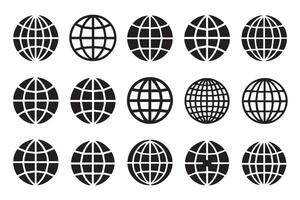Globe symbol set, grid patterns, flat earth symbols, Internet, world, or global reach line art, round globes Design vector