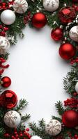 Christmas wreath with red and white ornaments on a white background photo