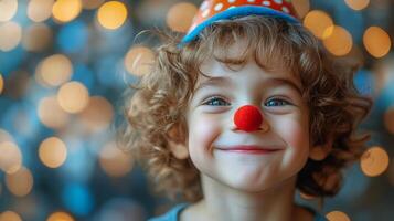 A young boy with a red nose and a clown hat photo