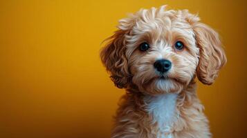 A cute little dog sitting on a yellow background photo