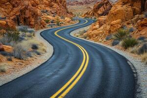 A long road in the desert with yellow lines photo