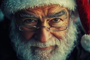 A close up of an old man wearing glasses and a santa hat photo