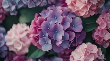 A close up of many purple and pink flowers photo