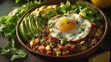 Quinoa, avocado, egg, tomato, lemon, avocado, spinach, lettuce, tomato, photo