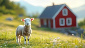 A sheep stands in front of a red house photo