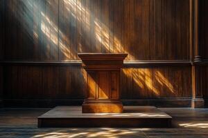 A wooden pulpit in a church with sunlight streaming through the windows photo