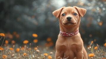 A puppy sitting in the grass with flowers in the background photo