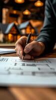 Man writing on blueprint with pen and paper photo