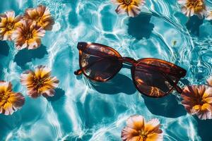 A pair of sunglasses floating in a pool of water with flowers photo