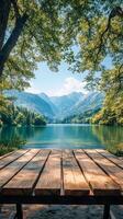 Wooden bench in the forest near a lake photo