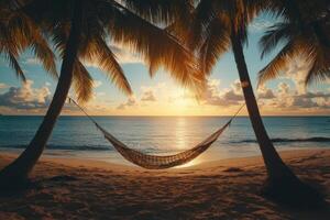 Hammock on tropical beach at sunset photo