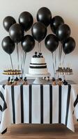 Black and white striped tablecloth with black and white balloons photo