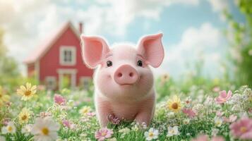 A pig is standing in a field with flowers and a house in the background photo