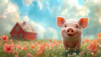 A pig is standing in a field with flowers photo