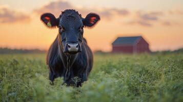 A black cow is standing in a field with a red barn in the background photo