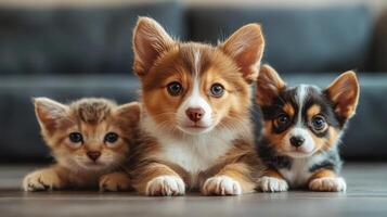 Three puppies and a kitten sitting on the floor photo