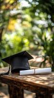 Graduation cap and diploma on wooden table in the garden photo