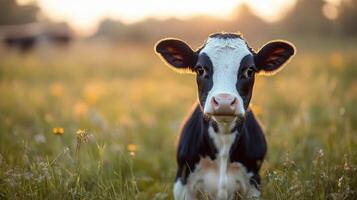 A cow is standing in a field with the sun in the background photo