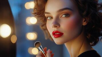 Beautiful woman with red lipstick and brush in front of mirror photo
