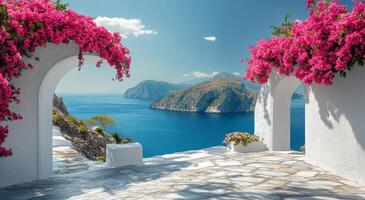 Beautiful view of the sea and flowers in italy photo
