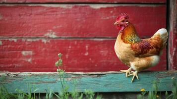 A chicken is standing on a wooden fence photo