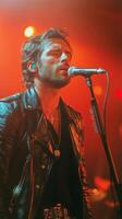 A man in a leather jacket singing into a microphone photo
