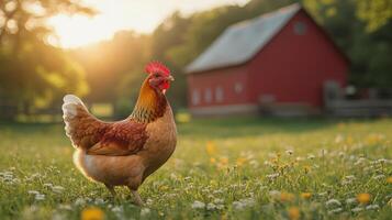 A chicken is standing in a field with a red barn in the background photo
