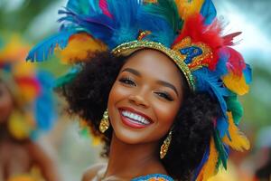 A woman in a colorful costume smiling photo