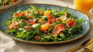 A salad with arugula, bacon and oranges on a plate photo