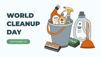 Horizontal minimalistic banner for World Cleanup Day with household tools, detergent bottles in bucket. Simple holiday concept illustration with outline in warm colors for poster, website, media. vector