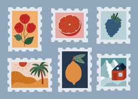 Lovely cartoon set of vivid postage stamp with picture of lonely desert with palm, home in wintertime mountains, roses, lemon, grape. Retro postcard stickers in juicy colours isolated on background. vector
