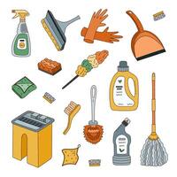 Colorful outline set with washing tools for cleansing home in warm colors. Hand drawn bucket, dustpan, rubber gloves, window scraper, pipidaster. Funny chores devices doodle isolated on background. vector