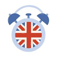 Lovely cartoon alarm clock with England flag on dial. Time to learn English illustration concept. Childish hand drawn clipart for studying foreign UK and USA language at university, school, courses. vector