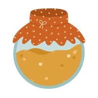 Lovely cartoon closed glass jar full of honey with textile with polka dot pattern and string bow. Childish hand drawn glassware honey pot with bubbles isolated on background. Yummy organic sweets. vector