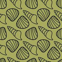 Shell Seamless Pattern on Green Background. Outline seashells. vector