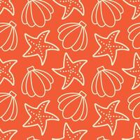 Starfish and Shell Seamless Pattern Illustration. Outlined starfish and shells on bright orange background. Ideal for marine-themed designs, textiles, and backgrounds vector