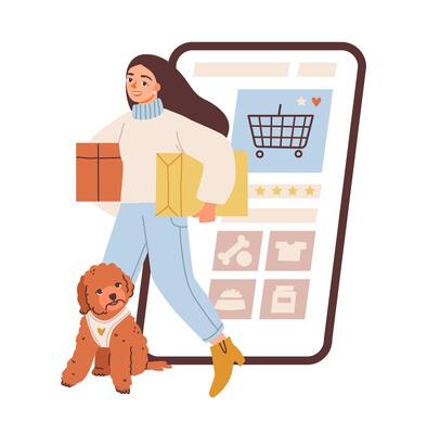 Woman shopping online with her dog. Female shopper using a smartphone app for online purchases. Flat illustration.