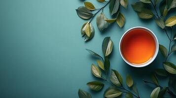 A cup of tea with leaves on a blue background photo