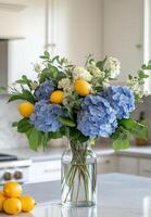 A vase with blue and white flowers photo