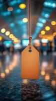 A blank tag hanging from a string in an airport photo