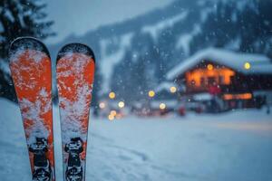 Two skis are standing in the snow photo